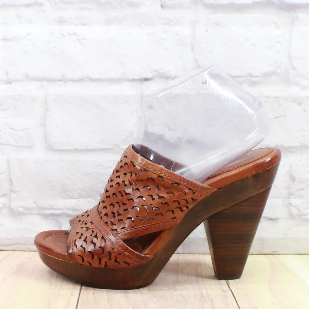 Frye Sage Cut Brown Leather Slip On Platform Heeled Sandals Size 9 Medium - Picture 1 of 9